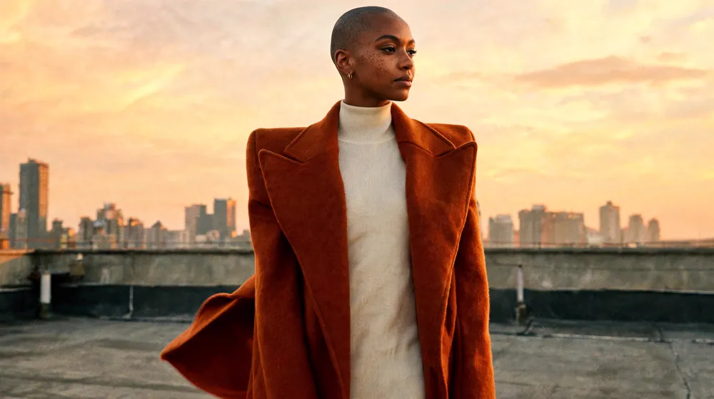 A model in a rust wool coat on a rooftop at sunset