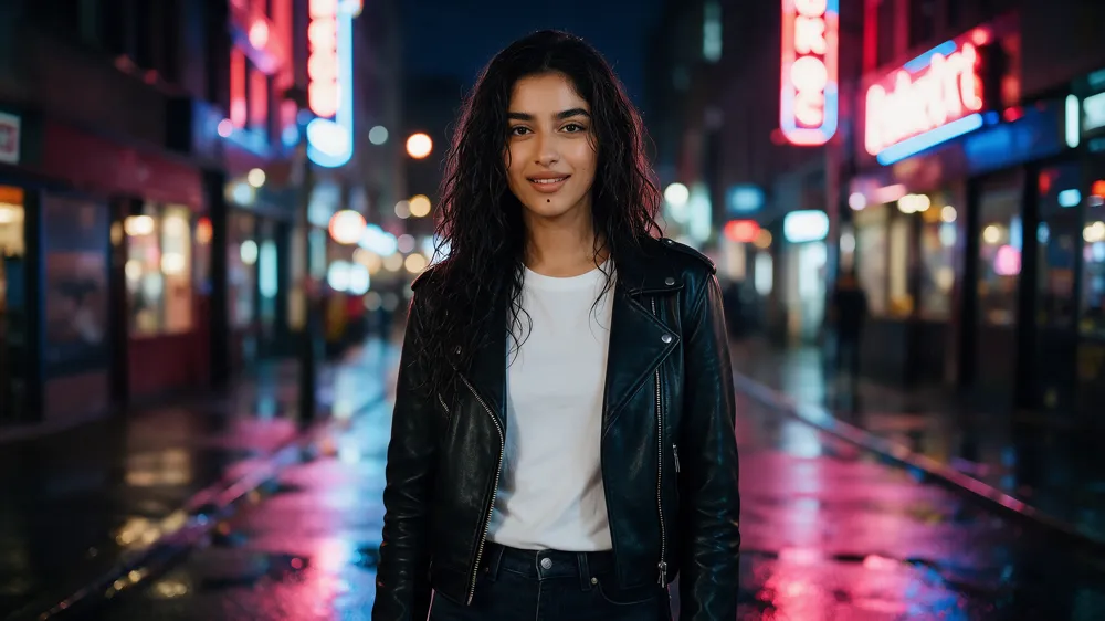 A model in a black leather jacket on a neon-lit street at night