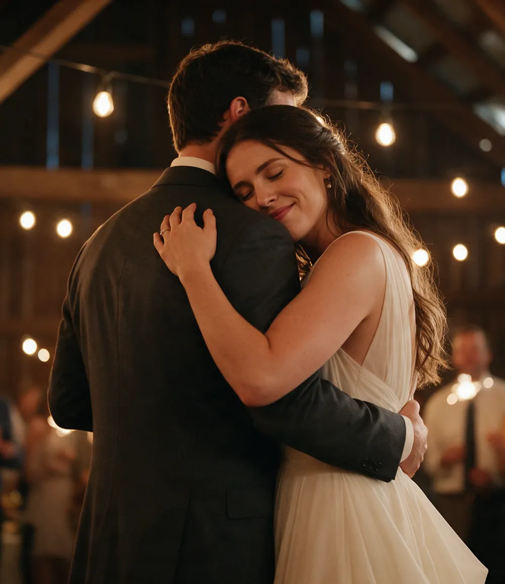 A couple embracing under string lights at a wedding, a frame from an AI music video